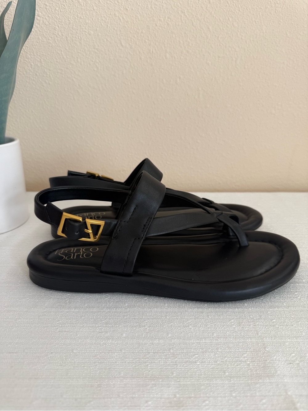 Franco Sarto Jasmina Black Women's Slingback Thong Sandals with Gold Buckle